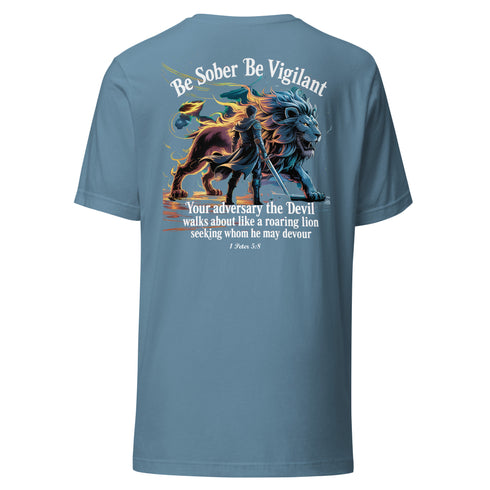 Be Sober Be Vigilant Lion (Back) Christian Bible Verse T-Shirt
